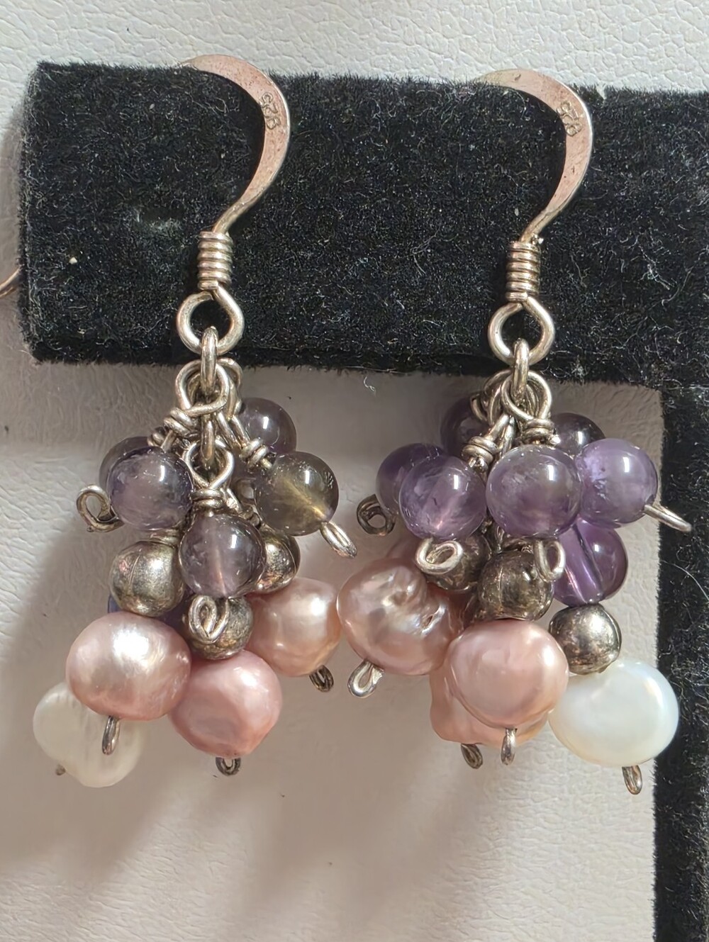 Sterling Silver 925 Freshwater Pearl & Amethyst Cluster Earrings